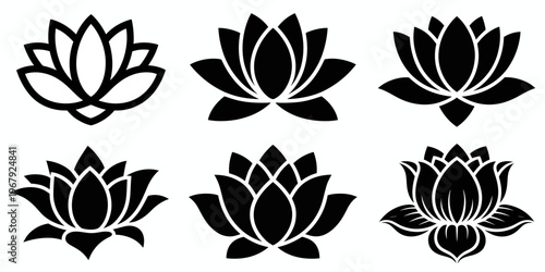 Six black and white lotus flower silhouettes in different styles
