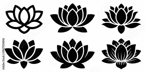 Six black and white lotus flower silhouettes in various styles and