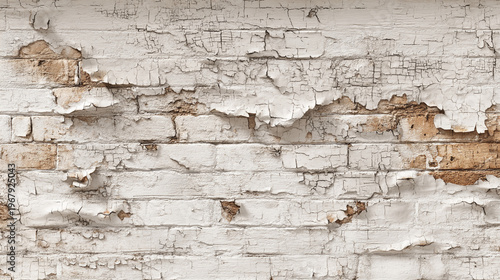 A weathered white brick wall with peeling paint
