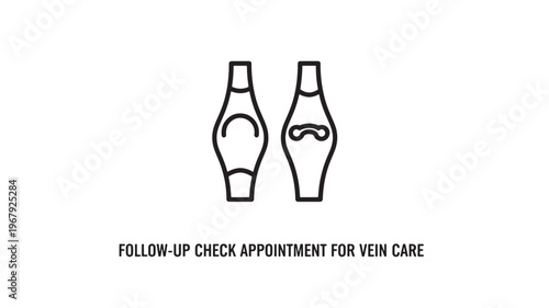 A simple black and white illustration of two legs with one showing a healthy vein and the other a varicose vein, representing vein care and a follow-up check appointment.