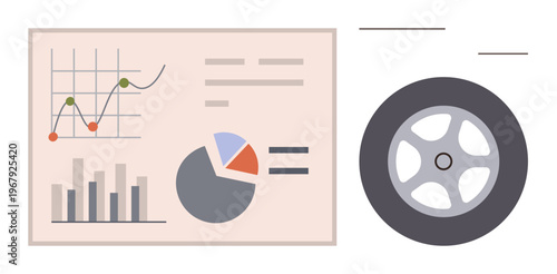 Automotive analytics, business insights, dashboard design, performance metrics, data trends, industry statistics. Charts and graphs next to a wheel symbol. Automotive analytics and business insights