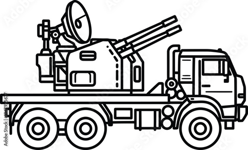 Black and white line of a military truck with a gun turret vehicle