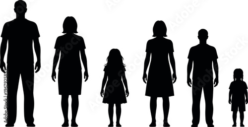 Black Silhouettes of a Diverse Family Group with Parents Children and Teenagers Standing in a Row on a White Background