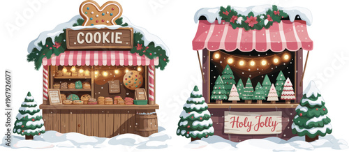 Christmas market stalls vector illustration featuring cookie shop holiday booth snowy trees festive lights winter fair seasonal design collection