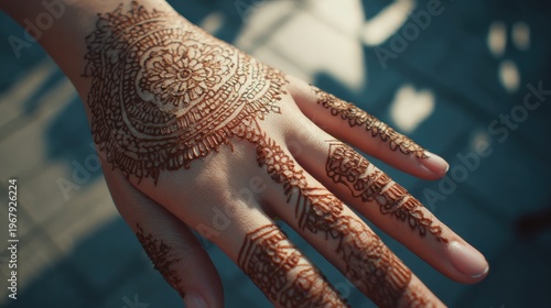 Intricate henna art on hand captured in natural light