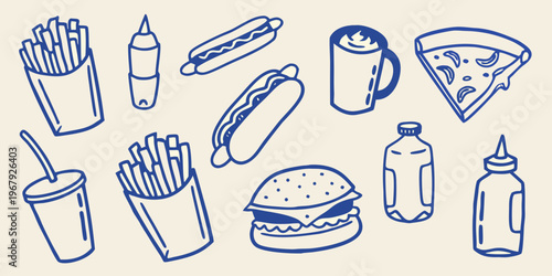 A colorful doodle illustration featuring various fast food items