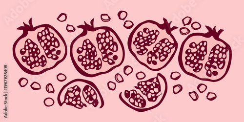 Stylized illustration of sliced pomegranates and scattered seeds on pink