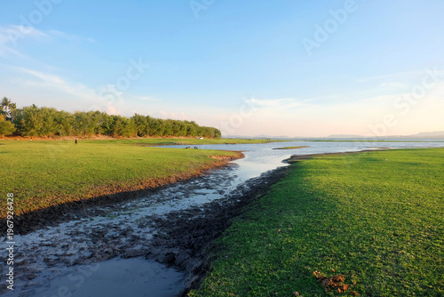 A beautiful view of grasslands and a river.