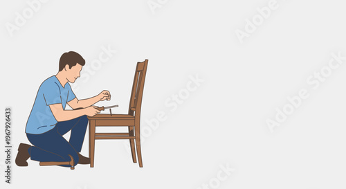 Man Repairing a Wooden Chair with a Screwdriver and Hammer, DIY Home Improvement Concept