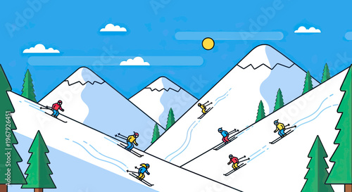 Skiers Downhill on Snowy Mountain Slopes in Winter Resort Vector Illustration