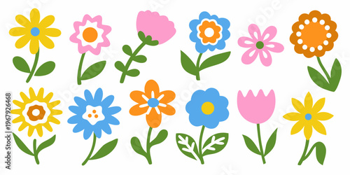 Colorful cartoon flowers arranged in two rows on a white background