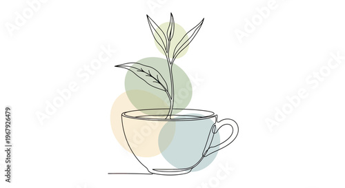 Continuous line drawing of a teacup with green tea leaves and abstract pastel circles, minimalist vector illustration for herbal beverage concept