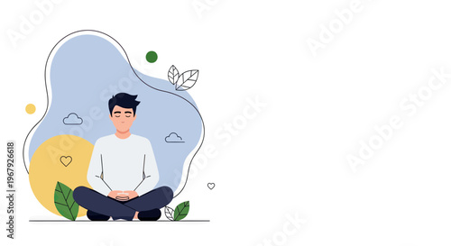 Young man sitting in lotus pose meditating for mindfulness and mental health, peaceful male character practicing yoga and relaxation, flat vector illustration with copy space