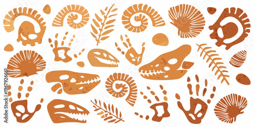 Watercolor illustration depicting fossils ammonites and dinosaur skeletons