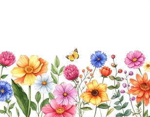 A colorful floral arrangement with a butterfly on a white background