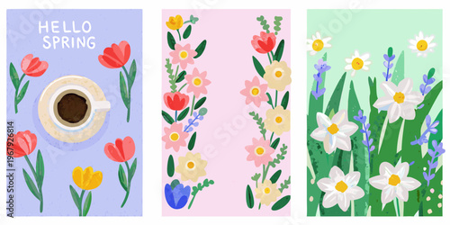 Three spring themed illustrations featuring flowers coffee and greetings