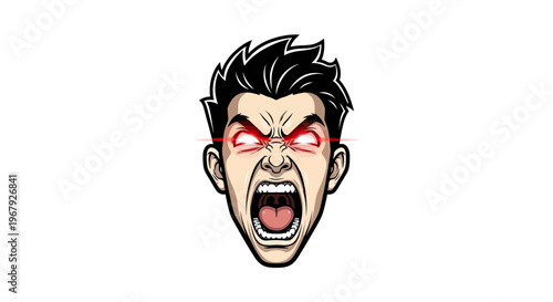Angry Young Man Character Screaming with Glowing Red Eyes, Vector Illustration Mascot Logo for Gaming and Esports
