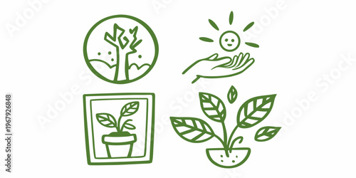 Simple green sketches depict plants growing with care and sunlight