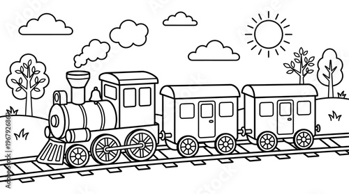 Charming Outline Steam Locomotive with Passenger Cars on Tracks Amidst Sunny Landscape with Trees Clouds and Rolling Hills for Children's Coloring Activities Whimsical Transportation Fun For Young Art