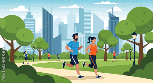 Active People Jogging and Running in a Lush City Park with Urban Skyline Background