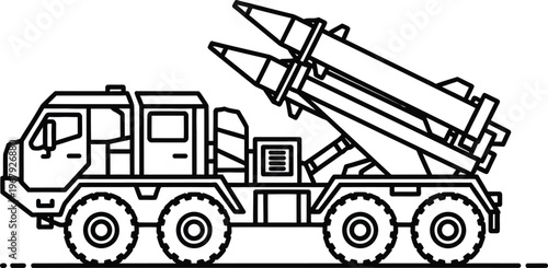Black and white line of a missile launcher truck military vehicle rocket launcher