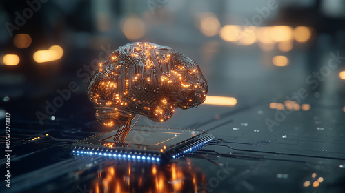 A glowing orange brain made of tiny circuits sits on a computer chip in a futuristic technological environment with blurred lights.