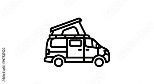Camper Van with Pop-up Roof Line Art Icon, Minimalist Motorhome Vector Illustration for Travel and Camping Adventures
