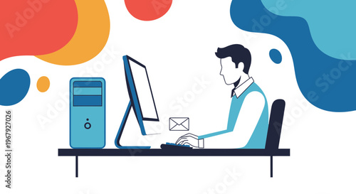 Professional Businessman or Freelancer Working on Desktop Computer at Office Desk in Flat Vector Illustration Style