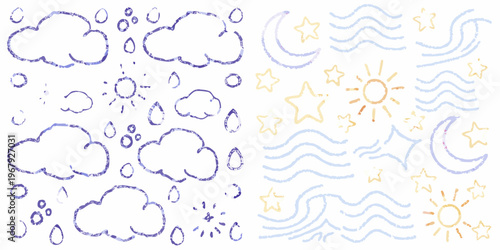Whimsical crayon drawing of weather icons and celestial bodies