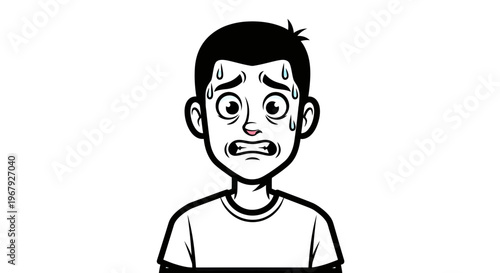 Anxious and Nervous Young Man Sweating Profusely, Vector Illustration of Fear and Stress Emotion
