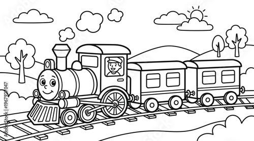 Happy Steam Engine Train Cartoony Character Pulling Passenger Cars Through Rolling Hills Under Sunny Sky with Fluffy Clouds - Whimsical Transportation for Children's Coloring and Playful Designs