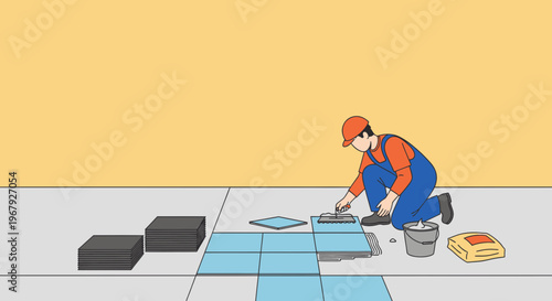 Construction Worker Laying Blue Floor Tiles with Trowel and Mortar, Professional Home Renovation and Building Maintenance Vector Illustration