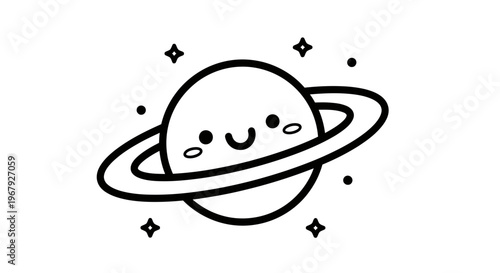 Cute Kawaii Saturn Planet with Rings and Stars Vector Illustration, Minimalist Black and White Line Art Icon for Kids Coloring Book and Space Education