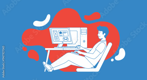 Young man playing video games on a desktop computer at a desk, flat vector illustration
