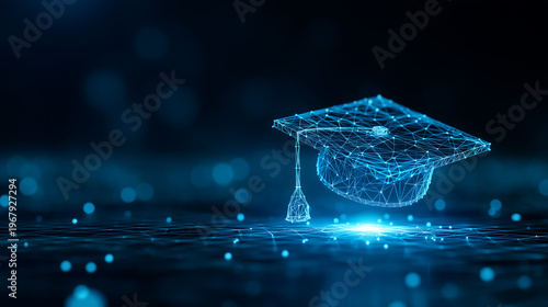 A glowing blue graduation cap made of digital connections represents online education and technological learning