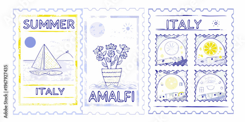 Hand drawn style postage stamps depicting summer scenes in italy