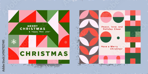 Two colorful geometric christmas card designs with festive greetings