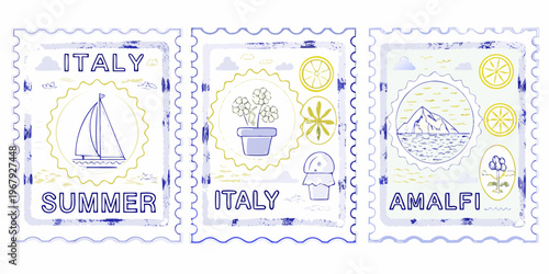 Vintage style italian travel stamps featuring coastal and floral imagery