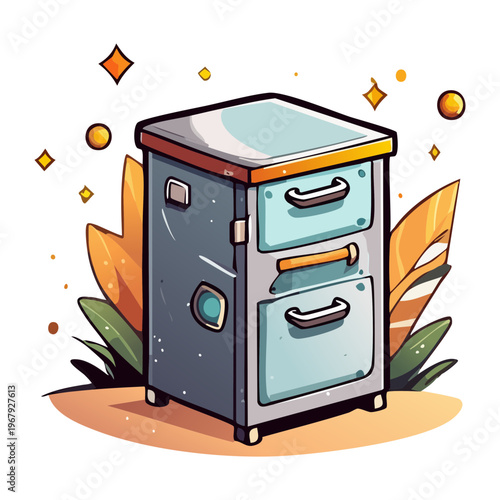 blue vertical filing cabinet with three drawers for office document storage and organization in a professional workspace with decorative plant accents