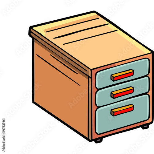 tall wooden filing cabinet with three drawers and orange handles for professional office storage and document organization in classic cartoon style