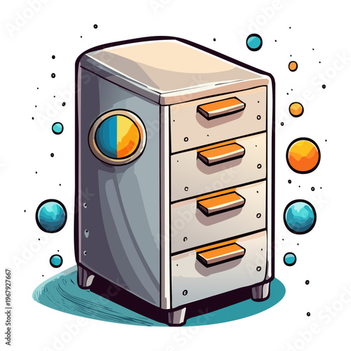 modern white filing cabinet with four drawers and orange handles for corporate office organization and secure document storage with planetary decorations