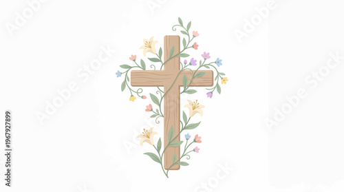Wooden Christian Cross Adorned with Delicate Spring Blossoms and Verdant Vines Symbolizing Resurrection Hope and New Beginnings for Religious and Easter Celebrations.