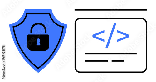 Cybersecurity, software coding, data protection, web development, secure websites, online safety. A shield with a lock symbol next to an HTML code snippet. Cybersecurity and data protection visually