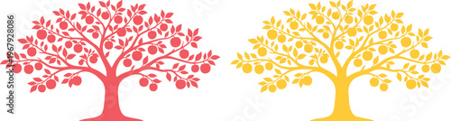 Stylized Fruit Trees Vector Set, Vibrant Red and Golden Yellow Apple Trees, Botanical Illustration for Nature, Food, or Growth Concepts