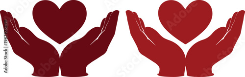 Caring hands holding a heart, two red vector illustrations, symbolizing love, charity, and support. Ideal for healthcare, social issues, or relationship-themed designs.