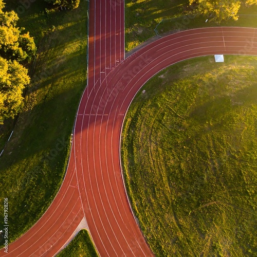 Aerial view of a red running track surrounded by green grass and trees (1)