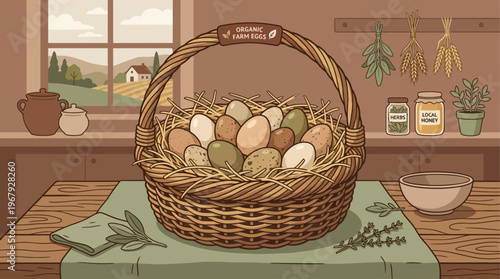 Abundant Rustic Basket Overflowing with Natural Free-Range Eggs Nestled in Straw Evoking Healthy Country Living and Organic Farm Freshness for Culinary Delights