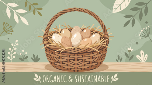 Farm Fresh Eggs Nestled Within a Rustic Woven Basket Celebrating Wholesome Organic Produce and Sustainable Farming Practices with Natural Botanical Accents on a Textured Surface.