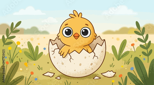 Adorable newborn fluffy yellow chick emerging from cracked eggshell in sunlit spring meadow symbolizing new beginnings and Easter joy delightful cartoon artwork for children's themes and seasonal cele