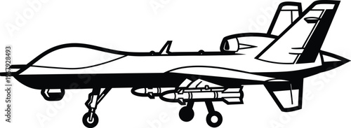 Black and white of a drone aircraft with missiles military